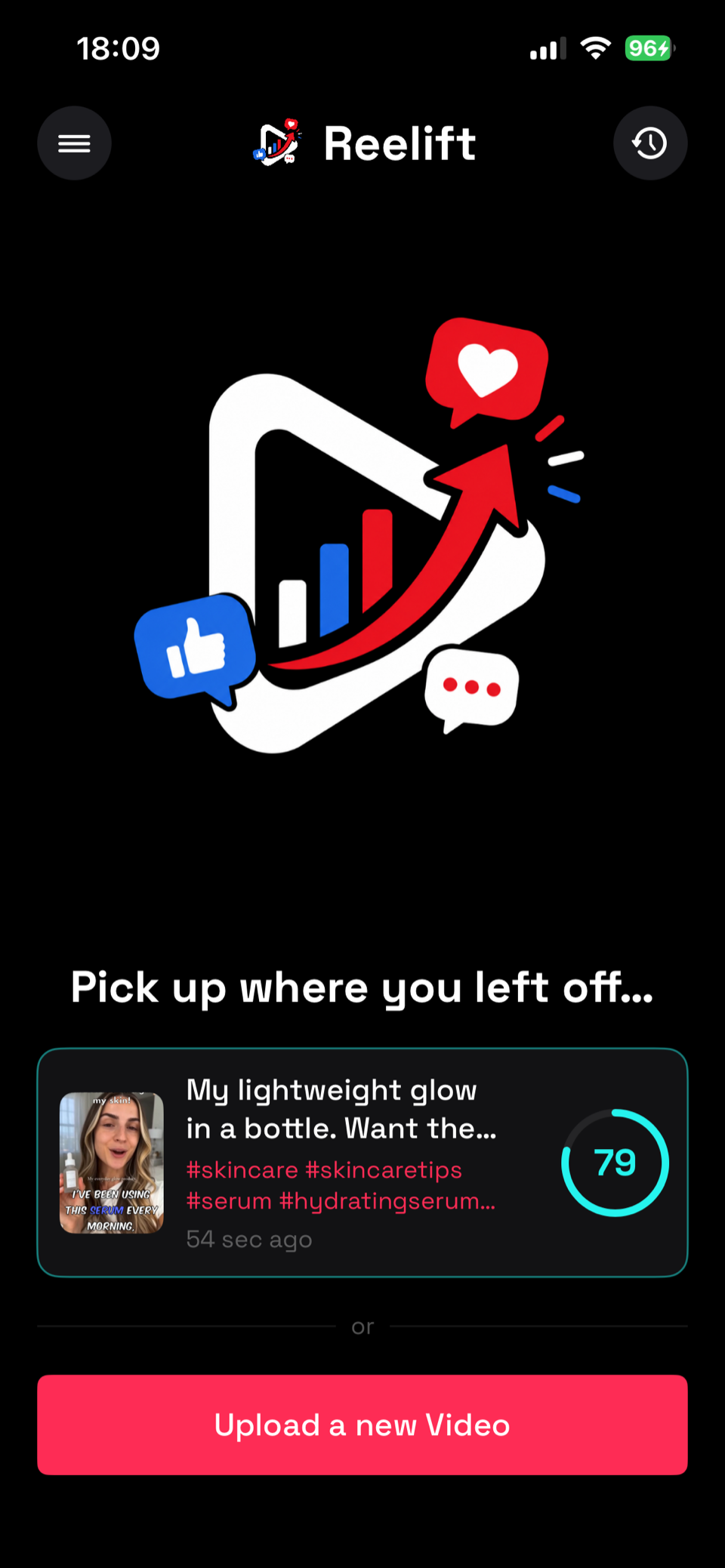 Reelift home screen with your saved video library and an upload button