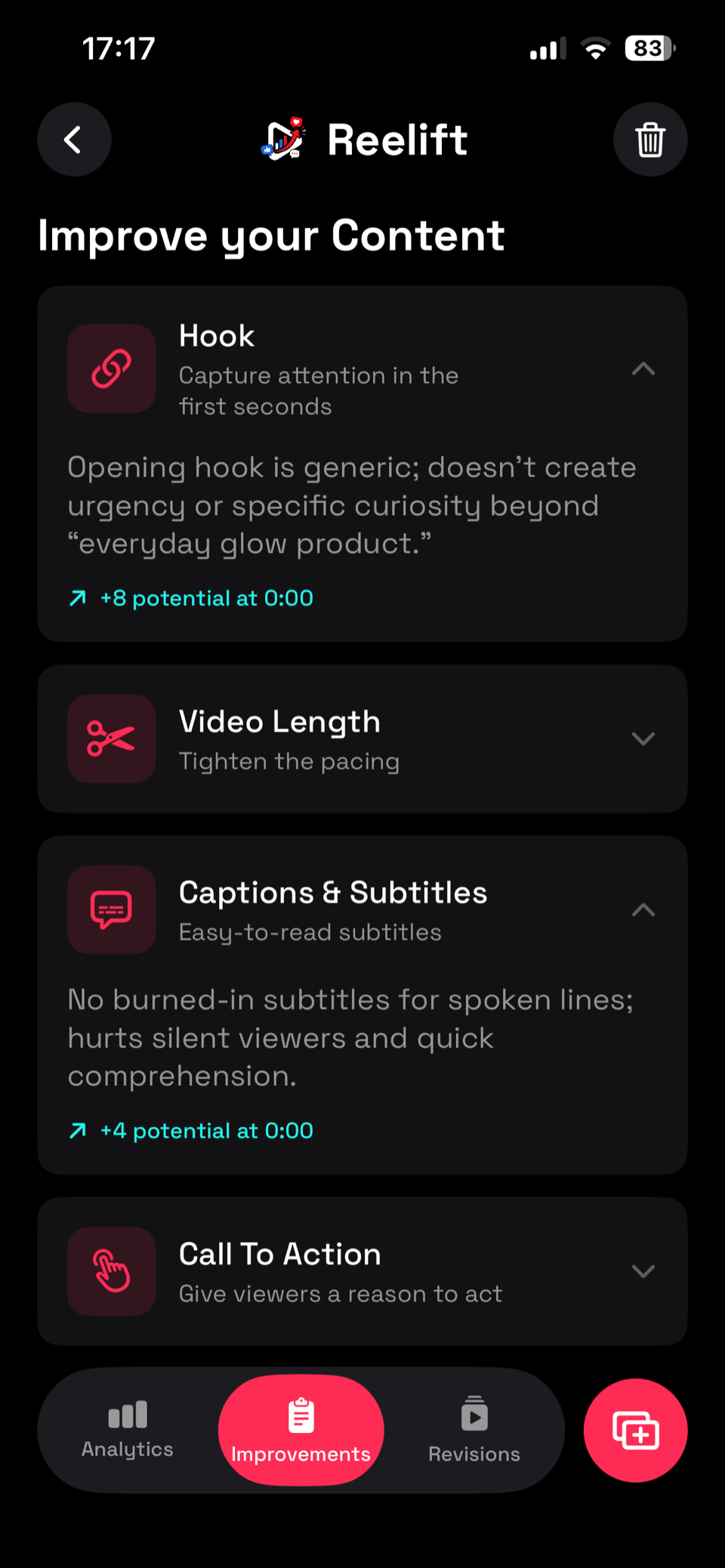Reelift improvement suggestions for hook, video length and captions