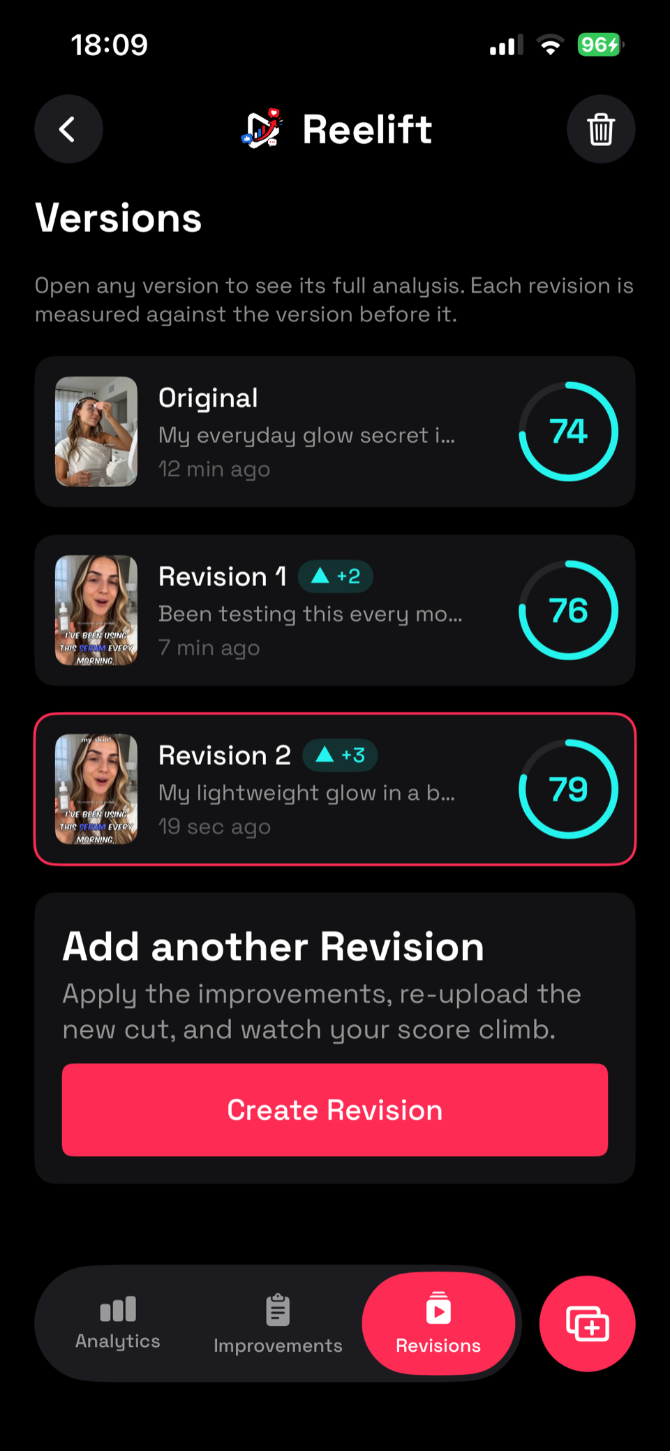 Reelift version tracking comparing the score of each revision